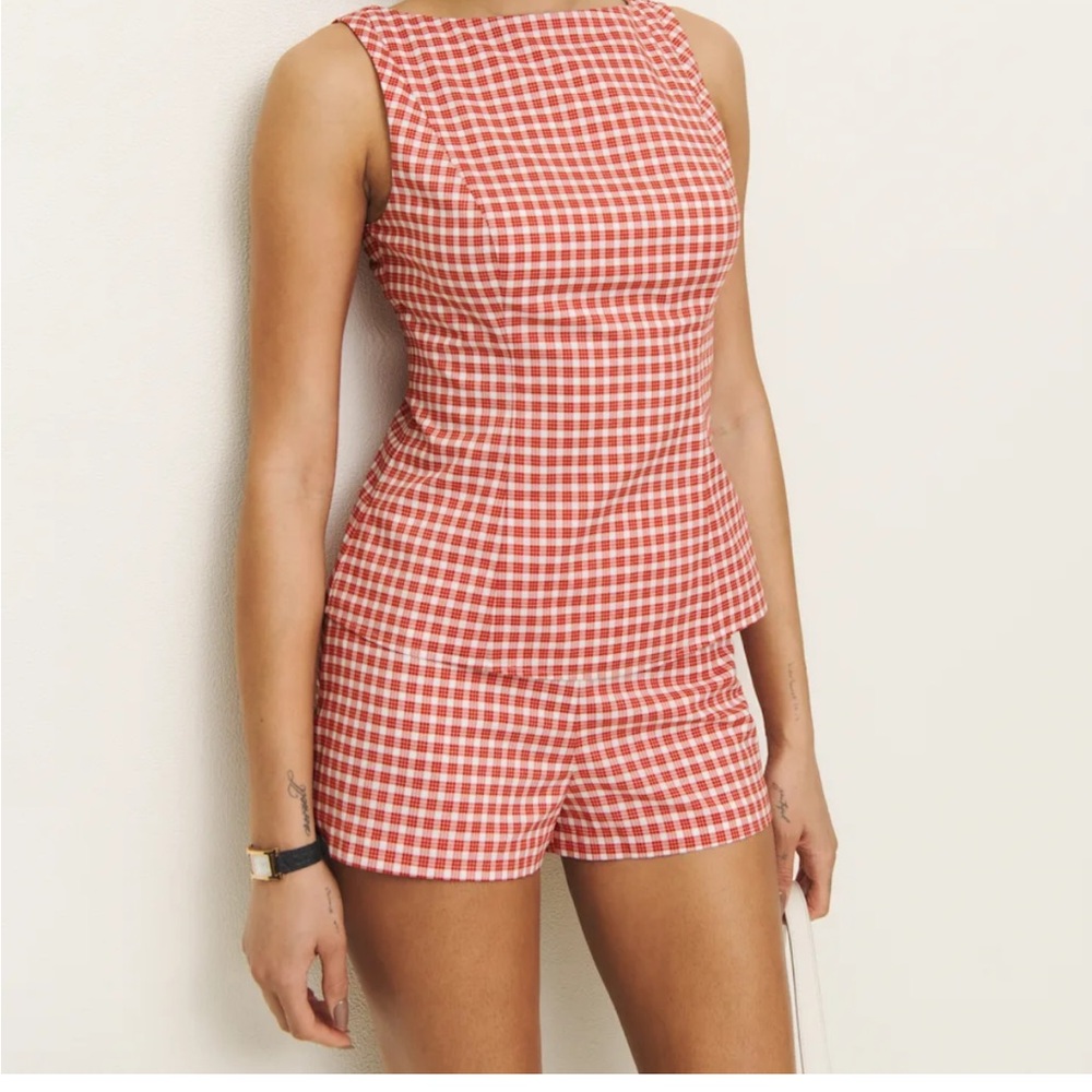 Reformation Red and White Checkered Playsuit